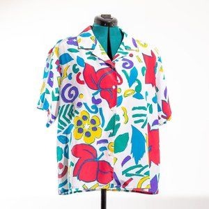 Vintage Blouse Shirt Short Sleeve Bright Retro Pattern XL